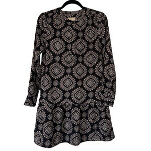 LOFT Dress Mini Long Sleeve Black Brown Paisley Shift Drop Waist XS